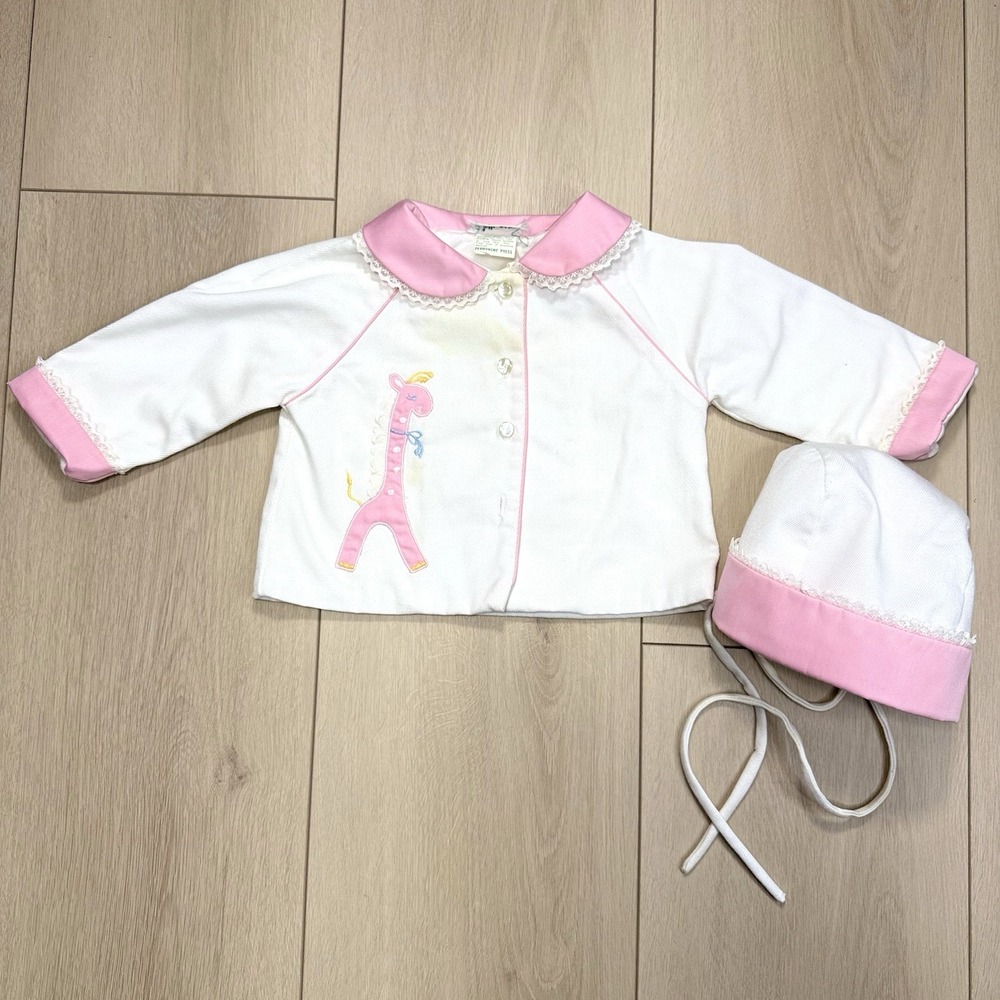 VTG‎ Tiny Tots Originals Baby Girl 2pc Jacket Bonnet Pink Giraffe Lace 6-9M